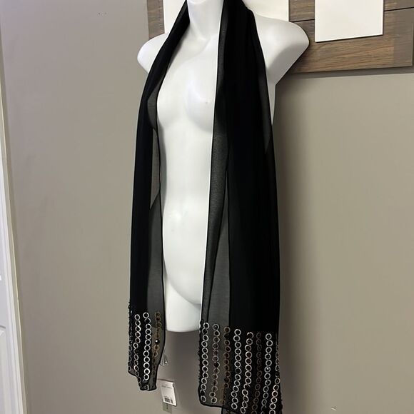 Steve Madden Sheer Black Scarf with Mixed Metal and Black Beads/Gem Accents-OS - Picture 3 of 11